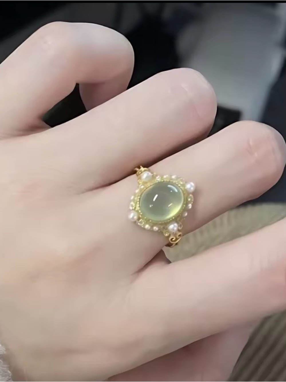 Gold-Plated Green Chalcedony & Pearl Statement Ring by